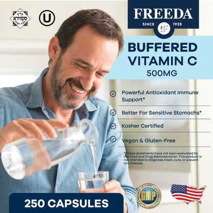 FREEDA Buffered Vitamin C 500mg for Immune Support – 100 Capsules | Includes 50mg Calcium – Supports Immune Health & Antioxidant Defense – Gentle on Stomachs, Kosher, Vegan, & Made in USA