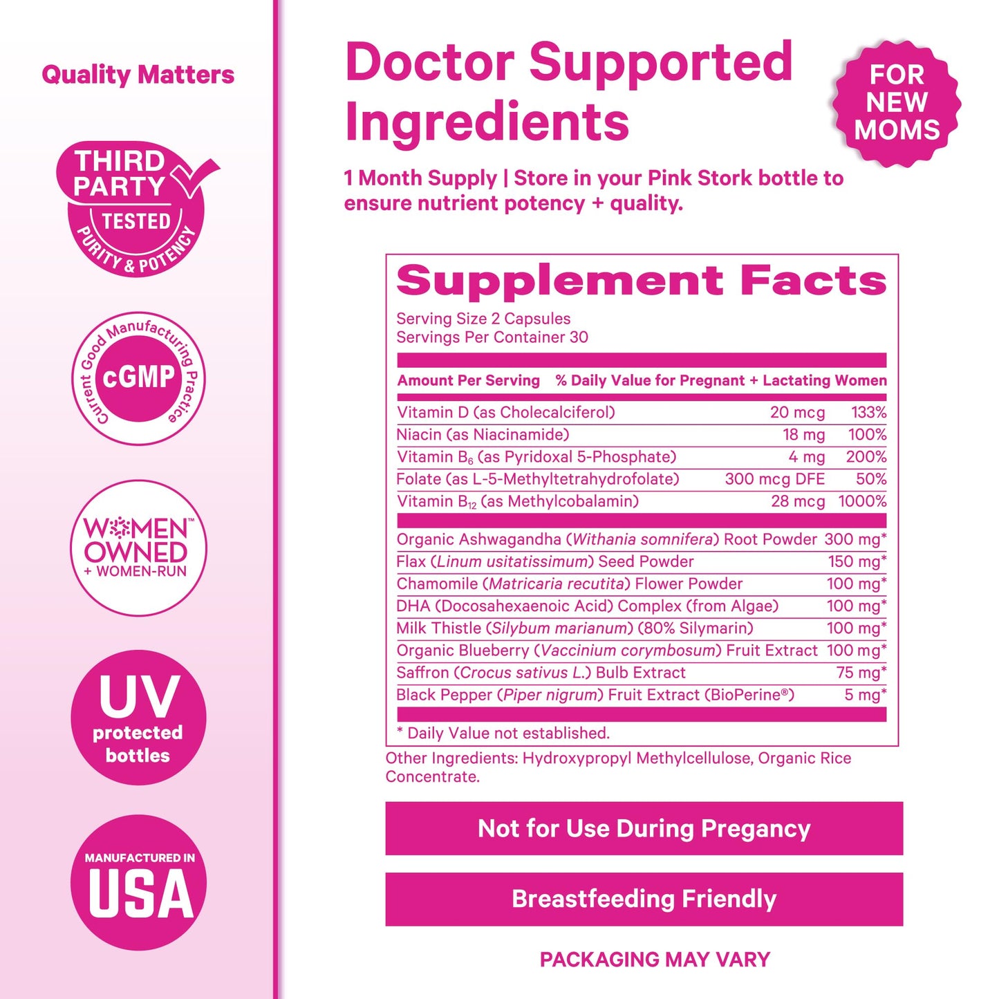 Pink Stork Postpartum Mood Support, 30-Day Supply | Postnatal Supplement for Women, Breastfeeding Friendly, Ashwagandha, Saffron, DHA, Methylated B12, Stress & Cognitive Support