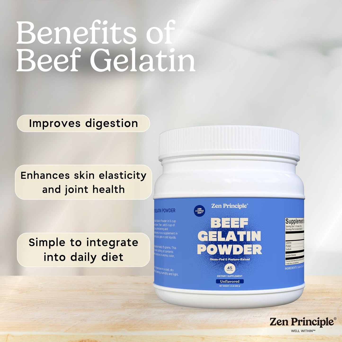 Zen Principle Grass-Fed Gelatin Powder, 1.5 lb. Custom Anti-Aging Protein for Healthy Hair, Skin, Joints & Nails. Paleo and Keto Friendly. Cooking and Baking. GMO-Free and Gluten-Free. Unflavored.