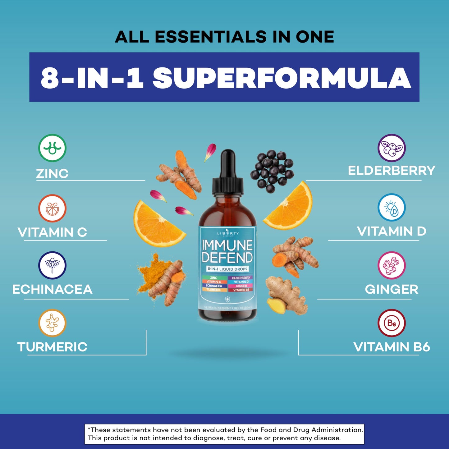 8-in-1 Immune Support Liquid Drops – Elderberry, Turmeric Curcumin, Echinacea, Ginger, Vitamins C & D3, Zinc & B6 – Fast-Absorbing Immune & Antioxidant Support – Vegan, Non-GMO – 4 oz
