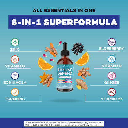 8-in-1 Immune Support Liquid Drops – Elderberry, Turmeric Curcumin, Echinacea, Ginger, Vitamins C & D3, Zinc & B6 – Fast-Absorbing Immune & Antioxidant Support – Vegan, Non-GMO – 4 oz