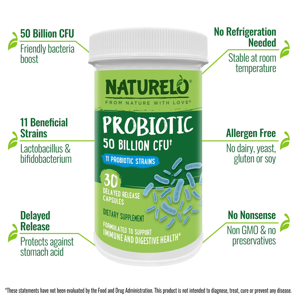 NATURELO Probiotic Supplement - 50 Billion CFU - 11 Strains - One Daily - Helps Support