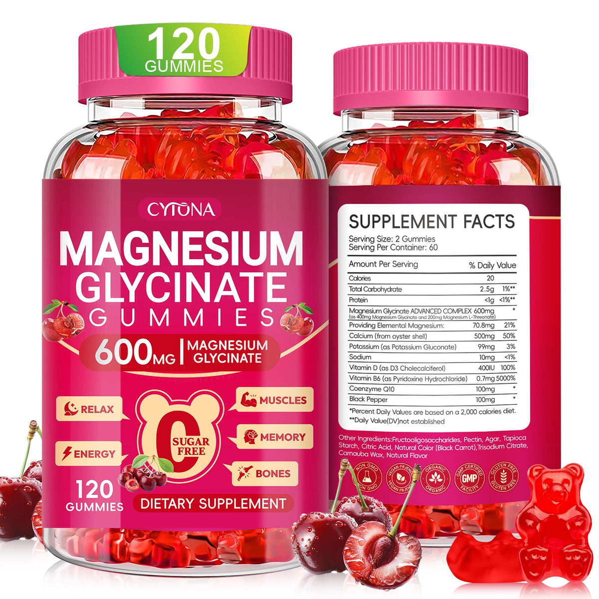 Magnesium Glycinate Gummies 600mg, Sugar Free Magnesium Gummies for Adults
