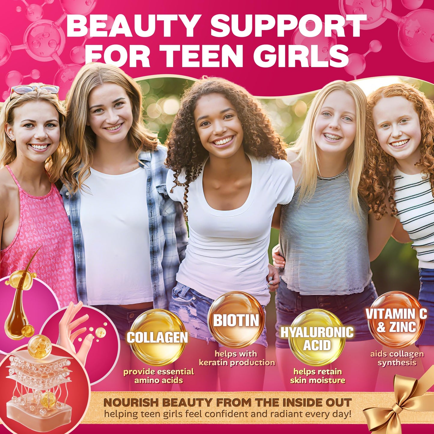 Methylated Multivitamin Gummies for Teen Girls 12-17, Methylfolate, Iron, Collagen, D3 K2, Magnesium, Zinc, Daily Vitamins A C E, B Complex for Teenager Growth, Skin, Bone, Energy - Sugar Free, 60 Cts