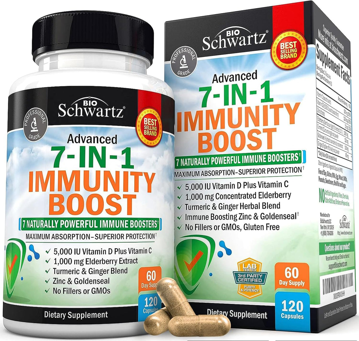 Immune Support Supplement with Zinc Elderberry Vitamin D 5000 IU, 120ct