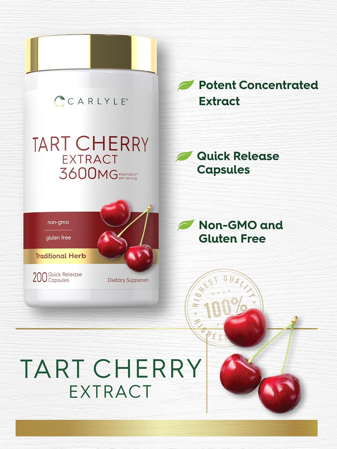 Carlyle Tart Cherry Extract Capsules | 200 Count | Non-GMO and Gluten Free Formula | Traditional Herb Supplement