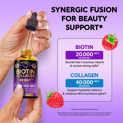 Liquid Biotin & Collagen 60,000 mcg - Vitamins for Hair Growth Support - Extra Strength Drops for Women & Men - Liquid Collagen Supplement - Strong Nails & Healthy Skin - Raspberry Flavor, 2 Fl Oz