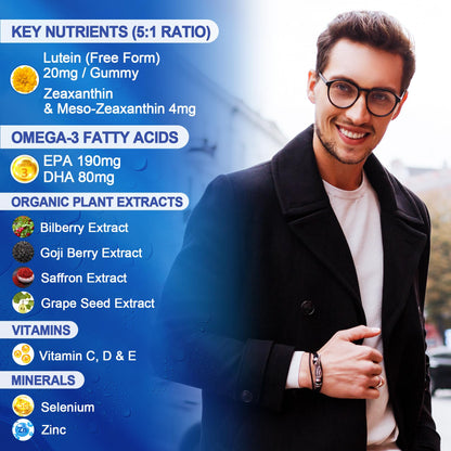 Lutein 20mg 40mg and Zeaxanthin Supplements for Eyes, Lutein Gummies with Omega 3, Saffron, Zinc, Bilberry & Goji Berry for Vision Support - Eye Vitamins Gummies for Seniors - Vegan, Sugar Free, 60ct