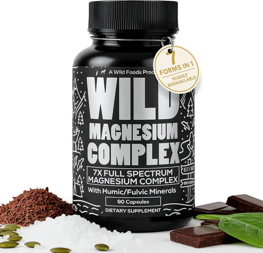 Wild Foods Magnesium Complex Supplement with 7X Forms, 90 Capsules | High Absorption, Full Spectrum, Easy Digestion | 500mg Glycinate, Bisglycinate, Malate, Orotate, Citrate, Taurate