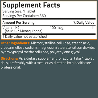 Bronson Vitamin K2 MK-7 100 MCG, K2 as MK7 Menaquinone, Bone Support Non-GMO, 120 Tablets