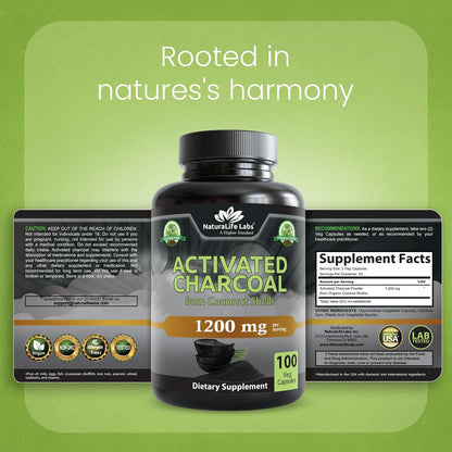 NaturaLife Labs Activated Charcoal 1200 mg per Serving – from Coconut Shells – 100 Veg Capsules – Non-GMO, Gluten-Free, Vegan