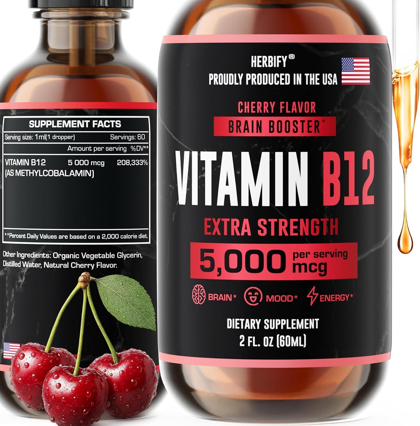 HERBIFY Vitamin B12 Methylated Multivitamin Energy Supplements for Women & Men - Liquid B12 Vitamins 5000 Mcg Methylcobalamin - Energy Support and Immune Health Liquid Vitamin - 30 Days Supply - 2 Oz