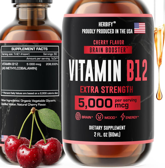 HERBIFY Vitamin B12 Methylated Multivitamin Energy Supplements for Women & Men - Liquid B12 Vitamins 5000 Mcg Methylcobalamin - Energy Support and Immune Health Liquid Vitamin - 30 Days Supply - 2 Oz