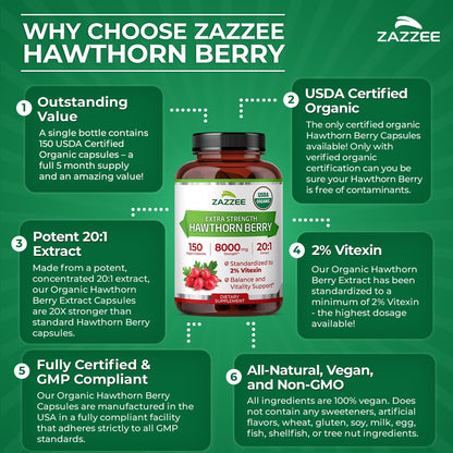 Zazzee USDA Organic Hawthorn Berry 20:1 Extract, 2% Vitexin, 150 Capsules | 5 Month Supply, Vegan, Crataegus Pinnatifida, Antioxidant & Circulation Support, Herbal Supplement, Non-GMO, Made in the USA