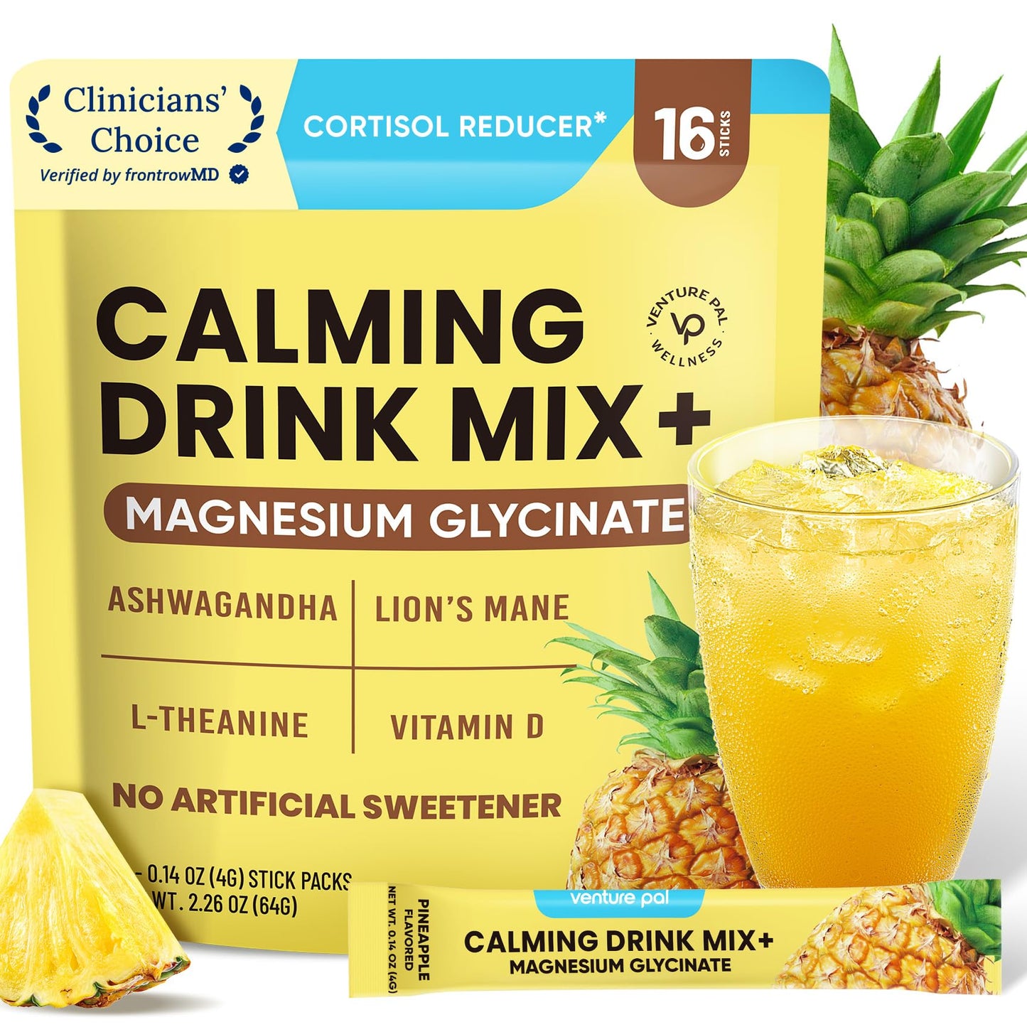 Venture Pal Calm Drink Mix, 12-in-1 Cortisol Reducer & Sleep Aid | Magnesium Glycinate, Ashwagandha, L-Theanine & Vitamin D, Calm Magnesium Powder for Relax & Focus, No Sugar, Non GMO