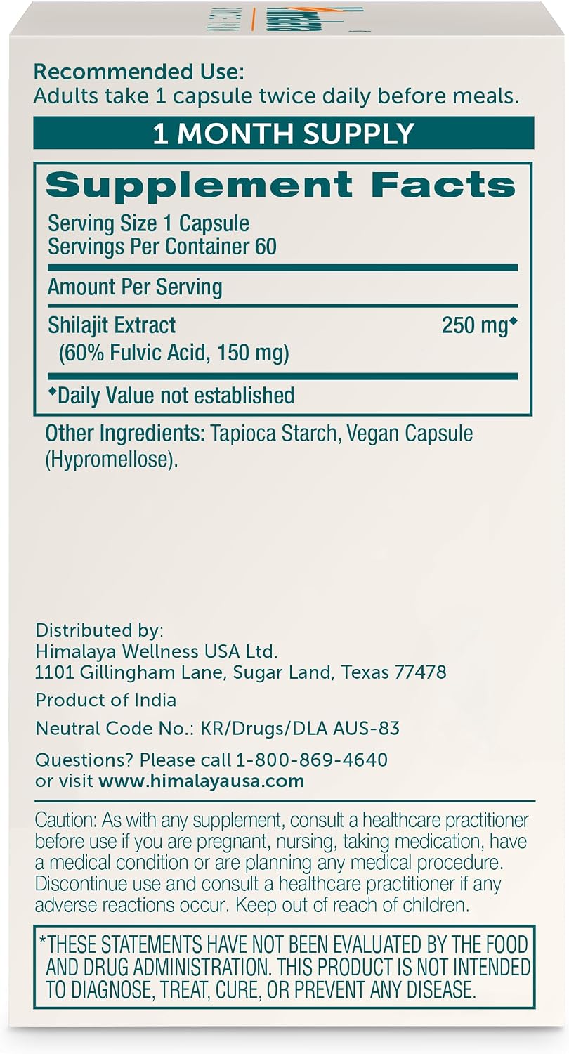 Himalaya Shilajit - Herbal Energy Supplements with Fulvic Acid and Trace Minerals, from Shilajit Resin, Vegan, Non-GMO, Gluten Free, 250 mg, 60 Capsules