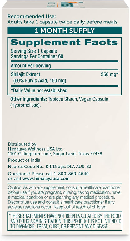 Himalaya Shilajit - Herbal Energy Supplements with Fulvic Acid and Trace Minerals, from Shilajit Resin, Vegan, Non-GMO, Gluten Free, 250 mg, 60 Capsules