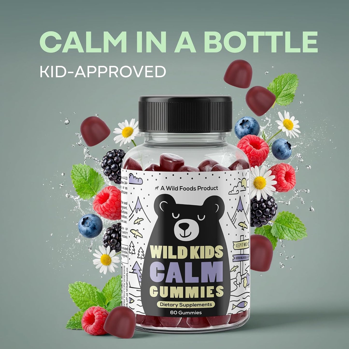 Wild Foods Kids Calm Gummies - Ashwagandha Gummies for Kids w/GABA, L-Theanine, Lemon Balm & Charmomile - Support Natural Relaxation, Stress Relief & Sleep, for Children 4+, Berry Flavor, 60 Count