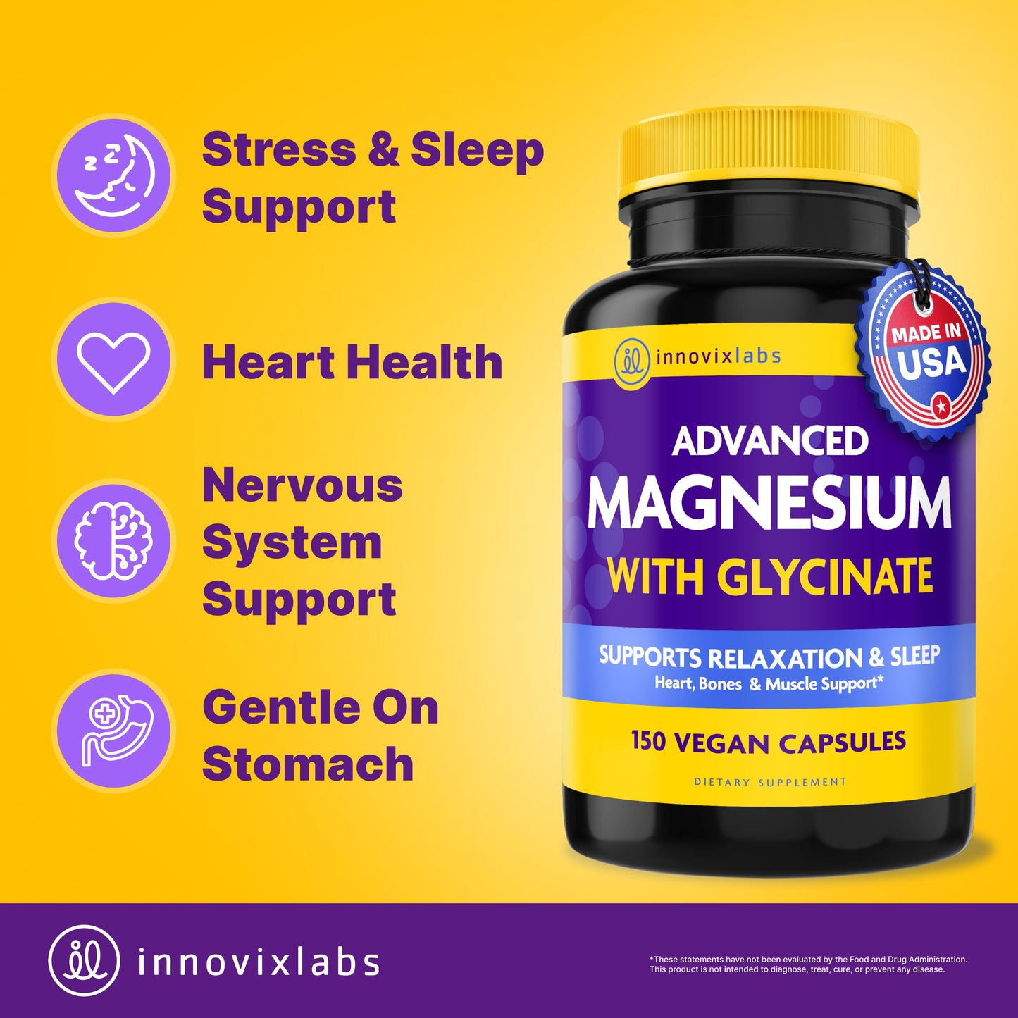 InnovixLabs Advanced Magnesium Capsules - 150 Ct, 210 mg - Chelated Glycinate and Malate - High Absorption, Promotes Relaxation, Bones, Muscle Health, Vegan Malate Sleep Supplement