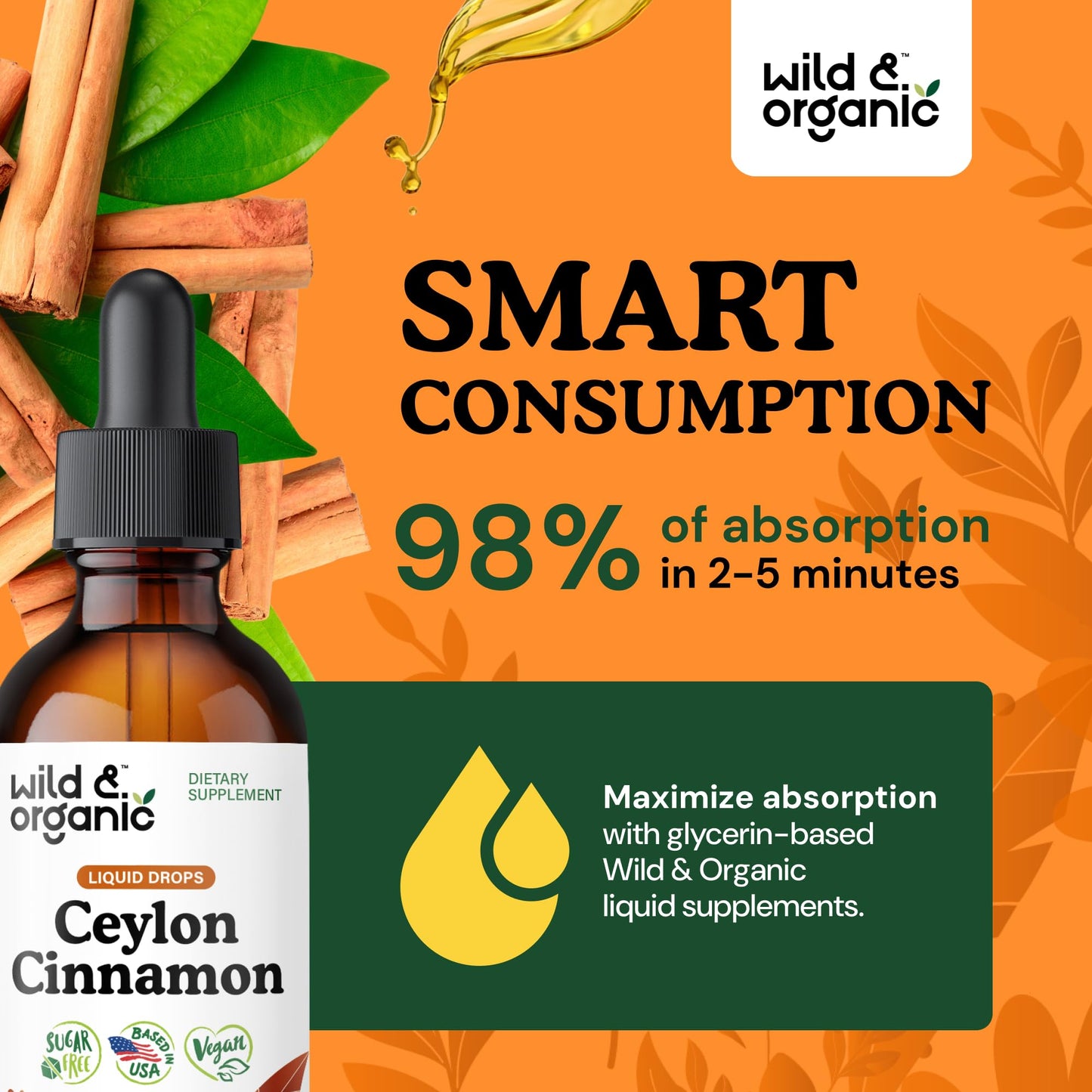 Wild & Organic Ceylon Cinnamon Supplements 500mg - Antioxidant Support - Ceylon Cinnamon Drops - Add to Tea Liquid Extract - Cinnamomum Verum Bark - Unflavored, Sugar & Alcohol-Free Tincture - 4 fl oz
