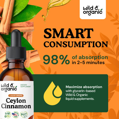 Wild & Organic Ceylon Cinnamon Supplements 500mg - Antioxidant Support - Ceylon Cinnamon Drops - Add to Tea Liquid Extract - Cinnamomum Verum Bark - Unflavored, Sugar & Alcohol-Free Tincture - 4 fl oz