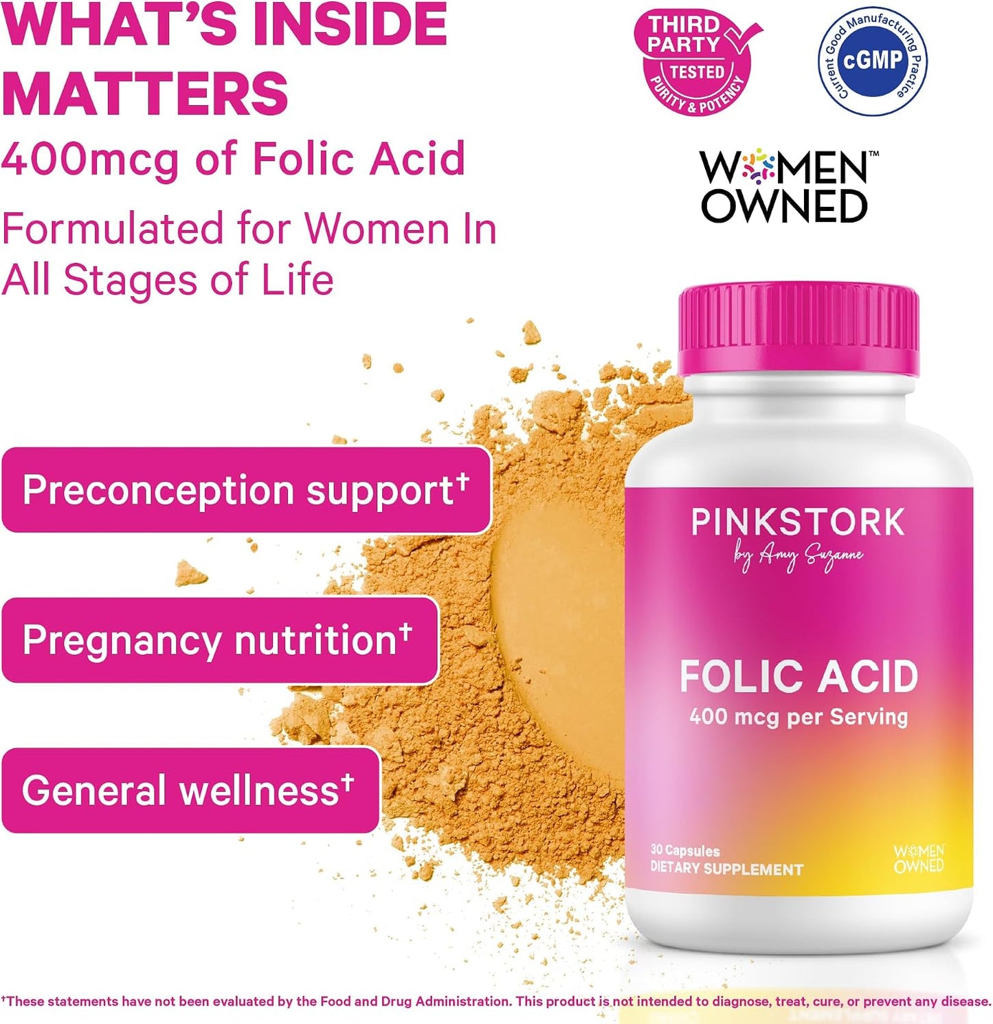 Pink Stork Folic Acid Supplement for Women – 400mcg, 30 Capsules | Daily Vitamin B9, Prenatal & Fertility Support, Supports Red Blood Cell Formation & Energy, Vegetarian