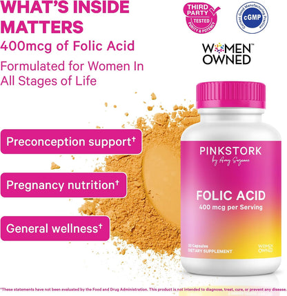 Pink Stork Folic Acid Supplement for Women – 400mcg, 30 Capsules | Daily Vitamin B9, Prenatal & Fertility Support, Supports Red Blood Cell Formation & Energy, Vegetarian