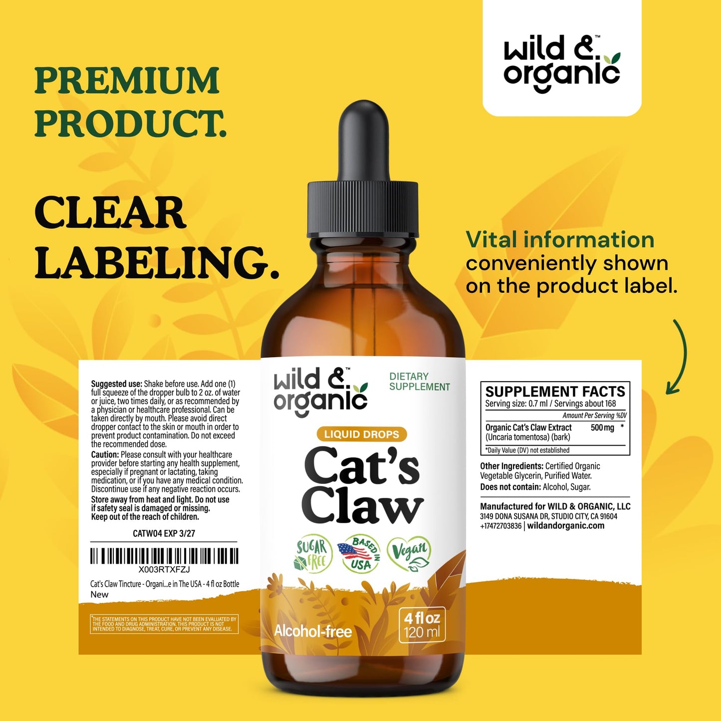 Wild & Organic Cats Claw Herb Supplement - Immune Support - Pure Cats Claw Tincture - Add to Tea Liquid Drops - Uncaria Tomentosa Bark - Vegan, Sugar & Alcohol-Free - 4 fl oz