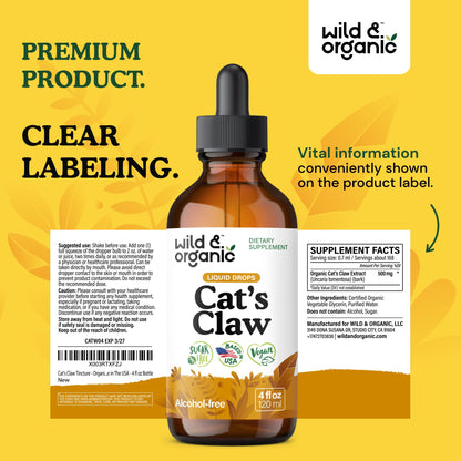 Wild & Organic Cats Claw Herb Supplement - Immune Support - Pure Cats Claw Tincture - Add to Tea Liquid Drops - Uncaria Tomentosa Bark - Vegan, Sugar & Alcohol-Free - 4 fl oz