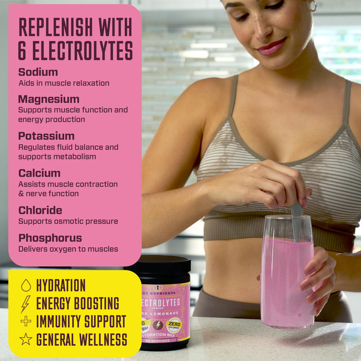 KEY NUTRIENTS Multivitamin Electrolytes Powder No Sugar - Fresh Pink Lemonade