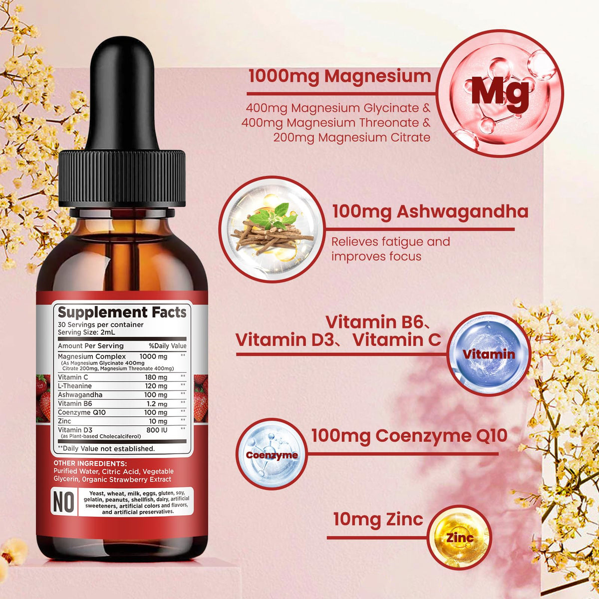 Triple Magnesium Complex Supplement, Magnesium Glycinate, Blend, Citrate Liquid Drops 1000mg with Ashwagandha, CoQ10, Vitamin B6, C, D, Zinc -Support Calm Stress Relief, Bone, Muscle, Mood Vegan