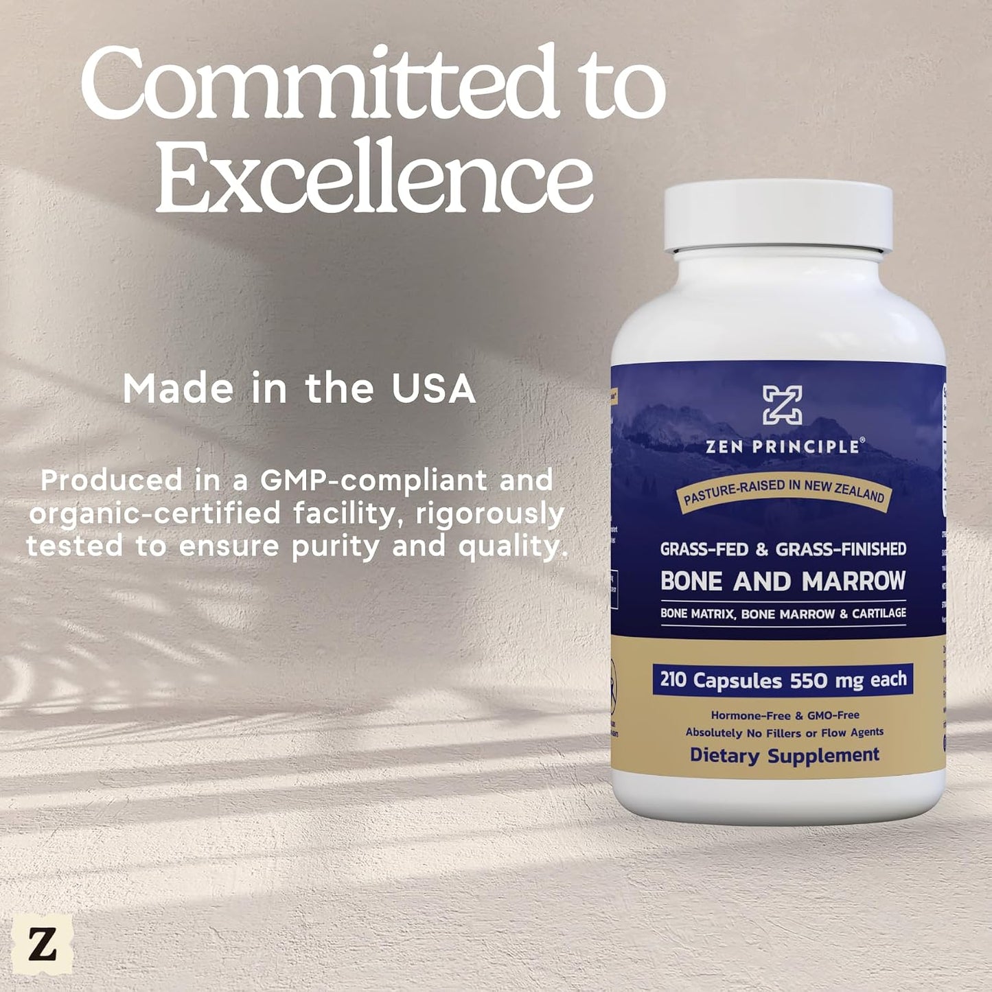 Zen Principle Grass Fed Beef Bone Marrow Supplement, 3300mg. Skin, Oral Health, and Joint Support. Promotes Whole-Body Wellness. Whole Bone Extract, 2-Pack, 420 Capsules (210 Capsules Per Bottle).