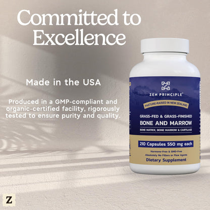 Zen Principle Grass Fed Beef Bone Marrow Supplement, 3300mg. Skin, Oral Health, and Joint Support. Promotes Whole-Body Wellness. Whole Bone Extract, 2-Pack, 420 Capsules (210 Capsules Per Bottle).