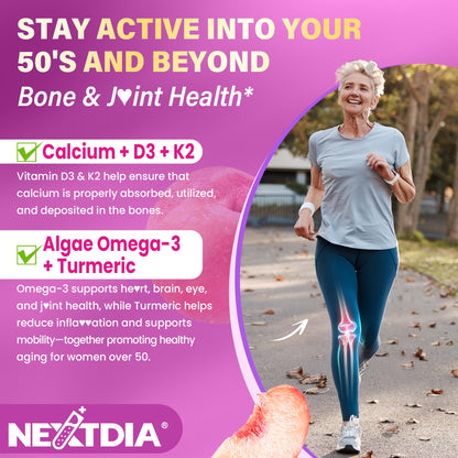 Multivitamin for Women 50 Plus Gummies, Vegan Omega 3, Methylfolate, Calcium, D3 K2, Probiotics CoQ10, Daily Vitamin A C E Methylated B12 Biotin B Complex Zinc -Bone Energy Longevity -Sugar Free 60Cts