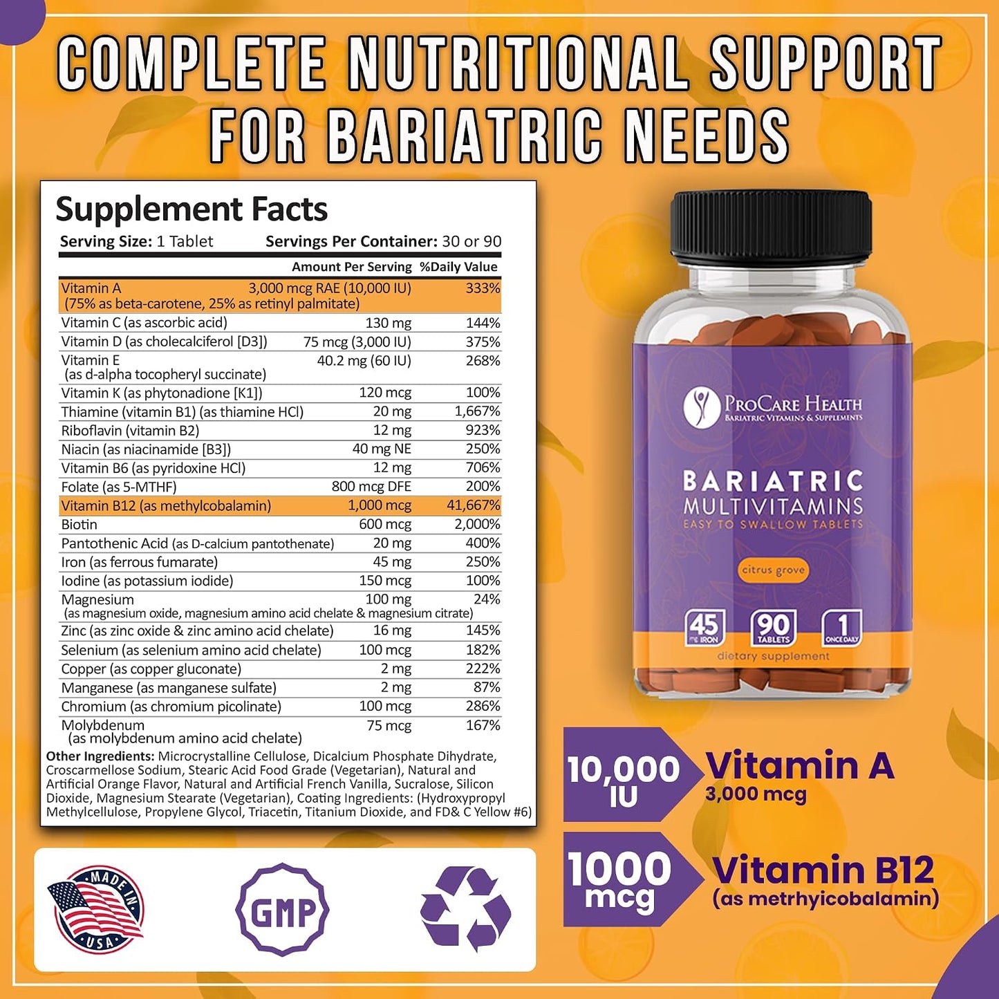 ProCare Health Easy-45 Bariatric Multivitamin | Citrus Grove Tablets | 90ct | Once Daily Tablets for Gastric Bypass Sleeve & Post-Op Support Pills for Sleeve Patients & Sustains Recovery, Easy to Swallow