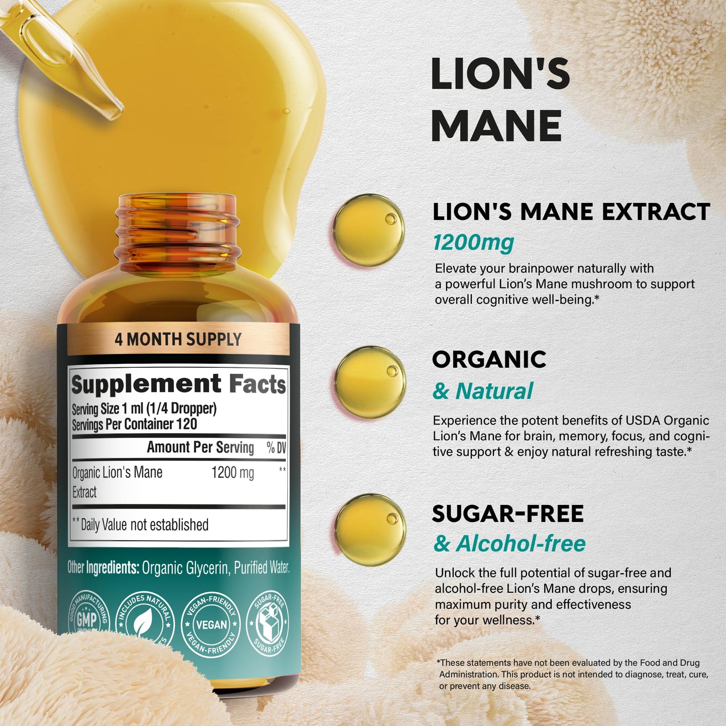 Lions Mane Liquid - USDA Certified Organic Lions Mane Supplement - Brain Support, Energy, Memory & Focus - Sugar & Alcohol-Free Lion's Mane Mushroom Extract 72,000 mg / Bottle, 2 Fl OZ, 2 Month Supply