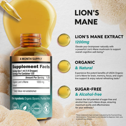 Lions Mane Liquid - USDA Certified Organic Lions Mane Supplement - Brain Support, Energy, Memory & Focus - Sugar & Alcohol-Free Lion's Mane Mushroom Extract 72,000 mg / Bottle, 2 Fl OZ, 2 Month Supply