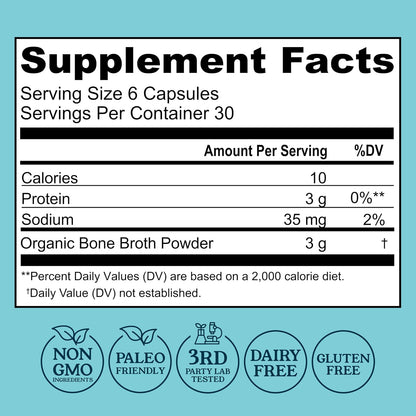 Grass-Fed Bone Broth Capsules with Collagen from Organic Bone Broth Powder. Collagen Supplement for Nails, Hair, Joints and Digestive Health* Support. Gut Friendly-Ingredients, 180 Capsules