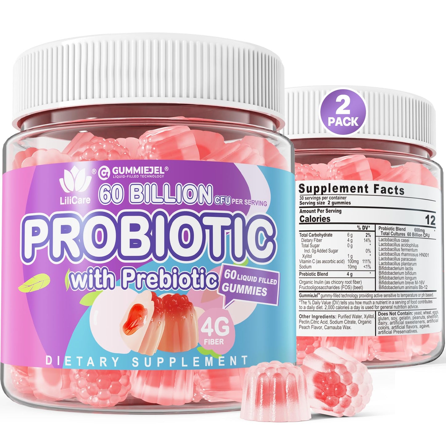 Probiotic Gummies 60 Billion CFU for Women Men & Kids, 11 Strains Probiotics + Organic Prebiotics Fiber for Immune, Digestive Health, Supports Constipation, Diarrhea, Gas & Bloating - Sugar Free, 60ct