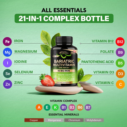 Bariatric Multivitamin - 45 mg Iron Supplements - Lab Tested - for Women & Men - All-in-One, 21 Essential Vitamins - Gastric Sleeve Support - Free of Sugar, Gluten & Soy - 90 Capsules, Once Daily