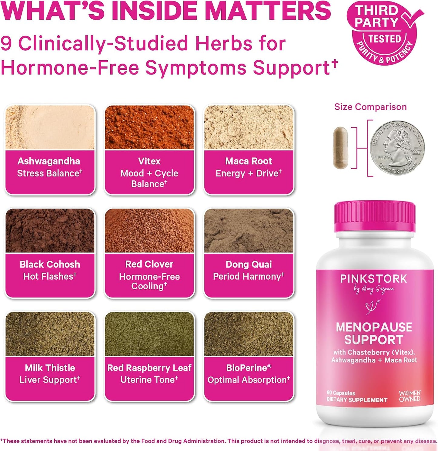 Pink Stork Menopause Support for Women - Hot Flash, Mood, Sleep, Weight, Cortisol & Hormonal Balance - Vegan, Estrogen-Free Perimenopause Relief - Ashwagandha, Maca - 60 Capsules