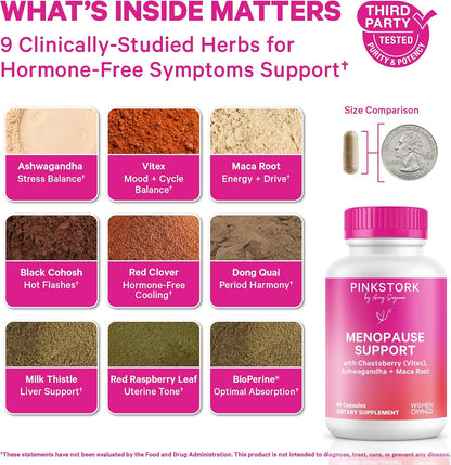 Pink Stork Menopause Support for Women - Hot Flash, Mood, Sleep, Weight, Cortisol & Hormonal Balance - Vegan, Estrogen-Free Perimenopause Relief - Ashwagandha, Maca - 60 Capsules
