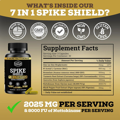 Black Forest Spike Shield 7-In-1 Formula Wellness Supplement – Nattokinase 8000 FU, Bromelain 500mg, Curcumin, Quercetin, NAC, Zinc – Comfort & Antioxidant Support – Non-GMO, Gluten-Free – 90 Capsules
