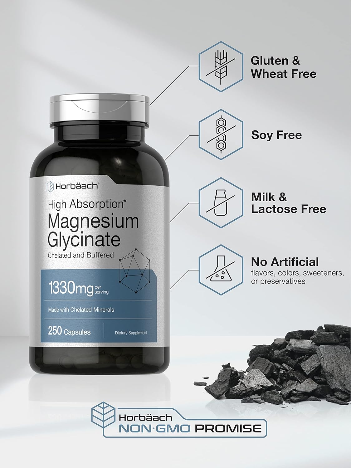 Horbaach Magnesium Glycinate 1330mg | 250 Capsules | Buffered with Chelated Minerals | 240 mg per Serving | Non-GMO, Gluten Free Supplement