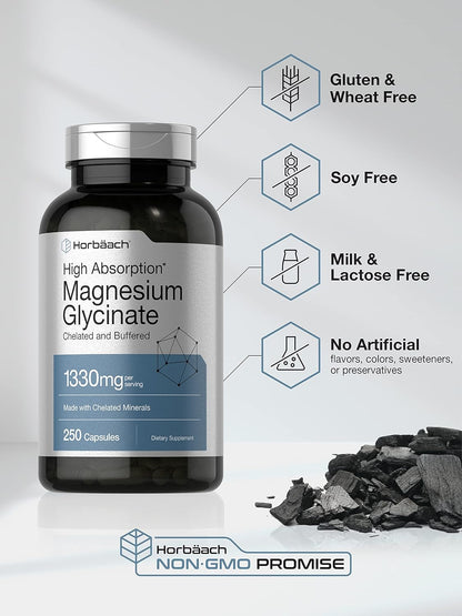 Horbaach Magnesium Glycinate 1330mg | 250 Capsules | Buffered with Chelated Minerals | 240 mg per Serving | Non-GMO, Gluten Free Supplement
