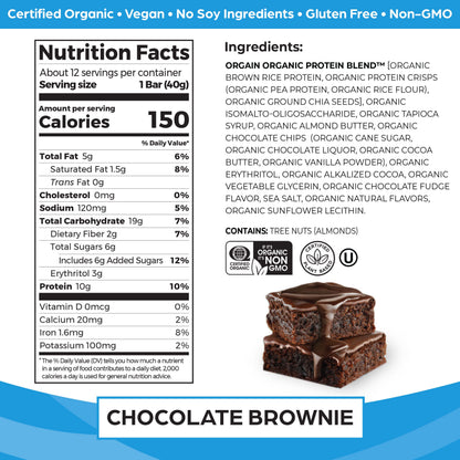 Orgain Organic Vegan Protein Bars, Chocolate Brownie - 10g Plant Based Protein, Gluten Free