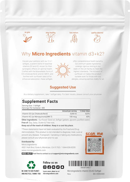 Micro Ingredients Organic Chlorella Spirulina 3000mg Tablets & Vitamin D3 5000iu + K2 100mcg Bundle 2 Pack | Cracked Cell Wall, Rich in Vegan Protein & Chlorophyll | Essential Sunshine Vitamins