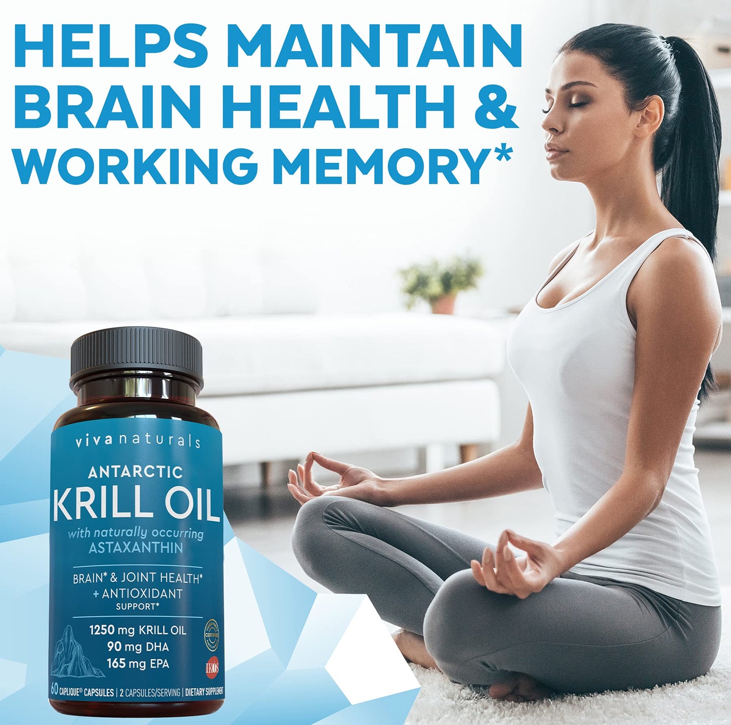 Viva Naturals Antarctic Krill Oil Omega 3 Supplements 1250 mg - DHA EPA Omega-3 & Astaxanthin Concentration for Joint Health, No Fish Burp - 60 Krill Oil Capsules
