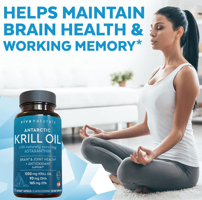 Viva Naturals Antarctic Krill Oil Omega 3 Supplements 1250 mg - DHA EPA Omega-3 & Astaxanthin Concentration for Joint Health, No Fish Burp - 60 Krill Oil Capsules