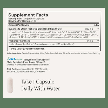 Stonehenge Health Probiotics 55 Billion CFU - 16 Strains, Prebiotic, Synbiotics Dynamic Biotics - Lactobacillus Acidophilus, Delayed Release, Shelf Stable, Non-GMO Gluten Free Veggie Capsule
